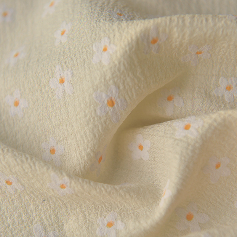 杏底白花瓣织格雪纺布料 小清新上衣连衣裙汉服装窗帘娃衣面料