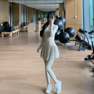 Byurun 新款三角交叉美背长袖T恤瑜伽套装女网纱半裙瑜伽裤两件套