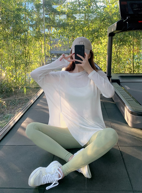 Byu run宽松运动长袖女速干长款遮臀透气跑步训练健身瑜伽T恤罩衫