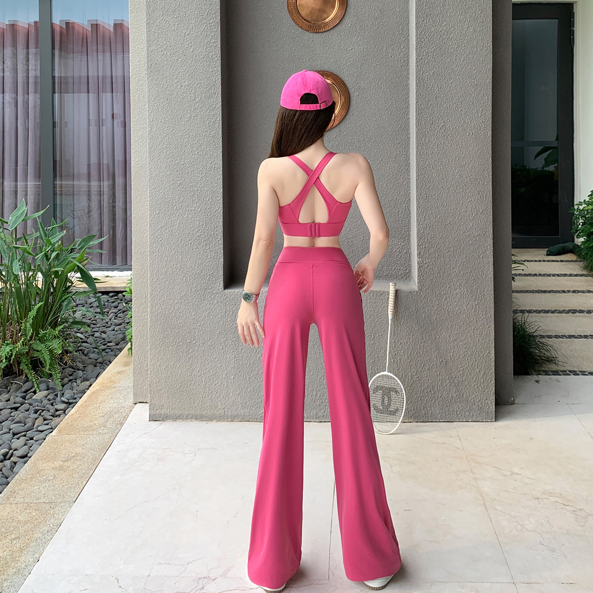 Byurun新款红色交叉美背运功背心套装女高腰抽绳阔腿运动裤两件套