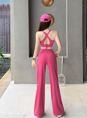 Byurun新款红色交叉美背运功背心套装女高腰抽绳阔腿运动裤两件套