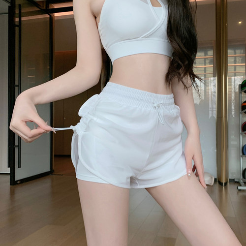 Byu run 速干网纱抽绳白色运动短裤女假两件外穿薄款瑜伽健身裤子