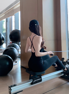 Byu run 新款交叉美背吊带文胸一体瑜伽连体衣女蜜桃臀长裤连体服