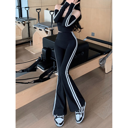 Byu run 新款侧条纹黑色微喇叭瑜伽裤女外穿高腰蜜桃臀运动健身裤