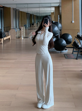 Byu run 新款鱼骨修身运动卫衣瑜伽套装女宽松直筒运动卫裤两件套