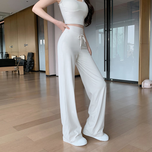 Byu run 腰部螺纹系带高腰白色直筒运动裤女速干宽松瑜伽健身长裤