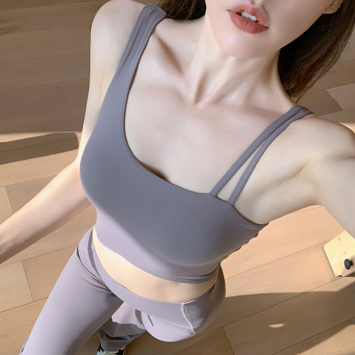 Byu run 新款不规则粗细肩带美背瑜伽背心女固定杯一体式运动内衣
