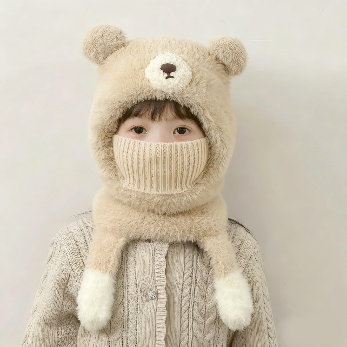 儿童帽子秋冬款小熊围脖口罩一体