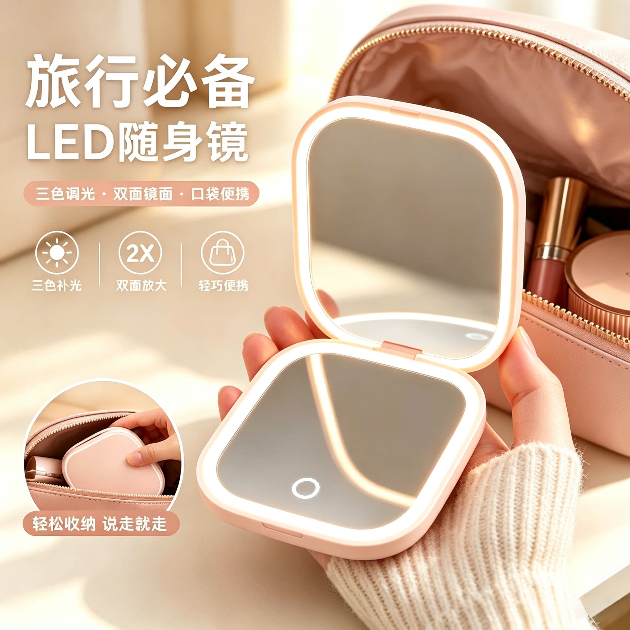 便携LED补光双面化妆镜放大图片