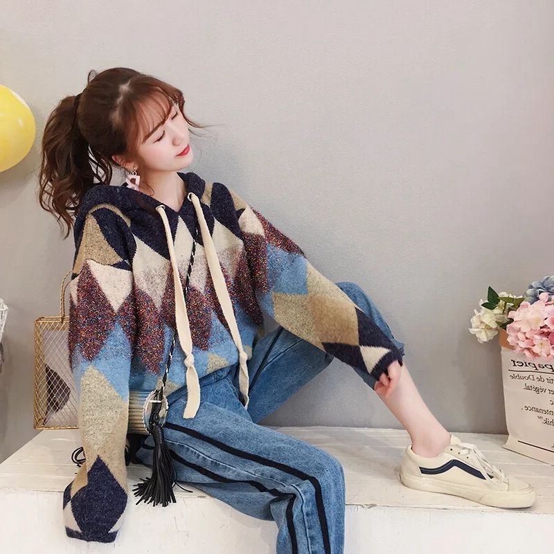 连帽毛衣针织衫女2022秋季新款韩版菱形宽松格子通勤套头