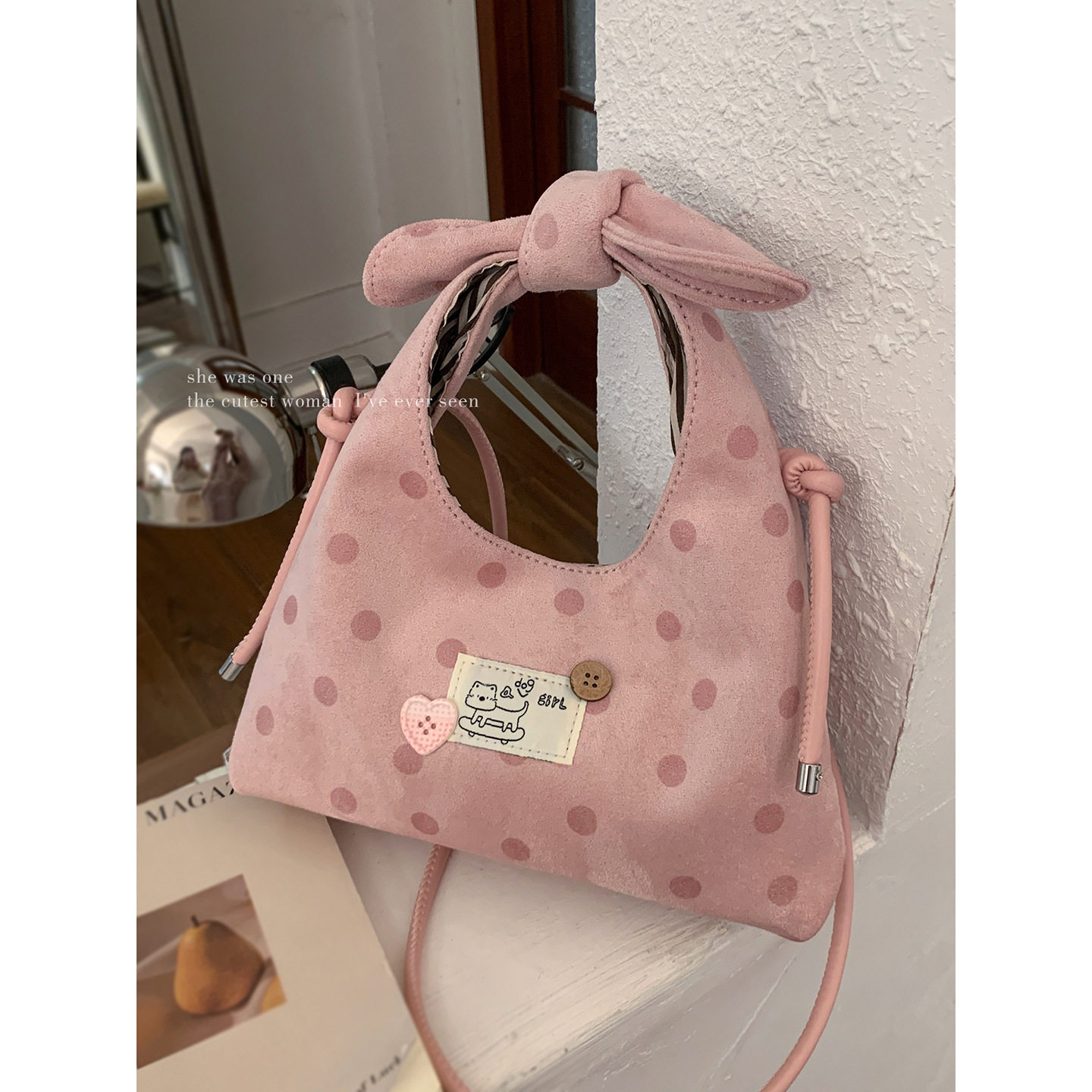 韩版时尚蝴蝶结手提小拎包女包新款粉色波点水桶包小众单肩斜挎包,箱包皮具/热销女包/男包,水桶包,淘宝优惠券,粉丝福利购,淘宝优惠卷