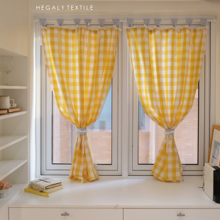 隔断帘厨房半帘复古ins 中古风黄色格子窗帘门帘吊带款 HEGALY 韩式