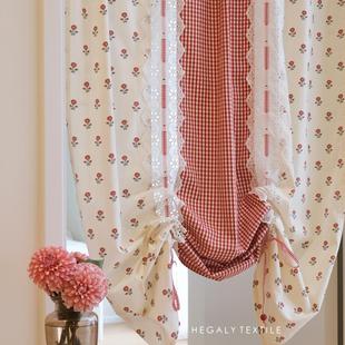 HEGALY 复古小红花提拉帘英伦小红格法式门帘小窗帘浪漫蕾丝橱窗