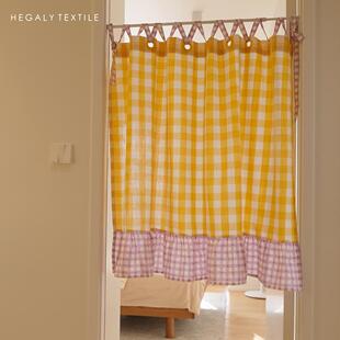 HEGALY 小众设计感韩式中古可爱黄色格子复古门帘半帘隔断帘窗帘