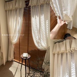 HEGALY 橱窗设计款亚麻纱塔克褶小帘头透光阳台客厅卧室纱帘定制