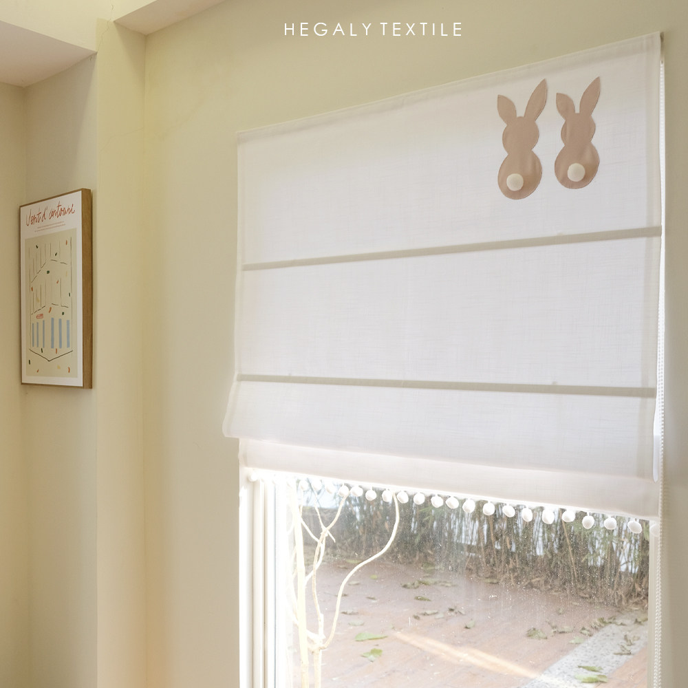 hegaly 小兔子罗马帘可爱毛球尾巴升降帘儿童房窗帘白色棉麻定制