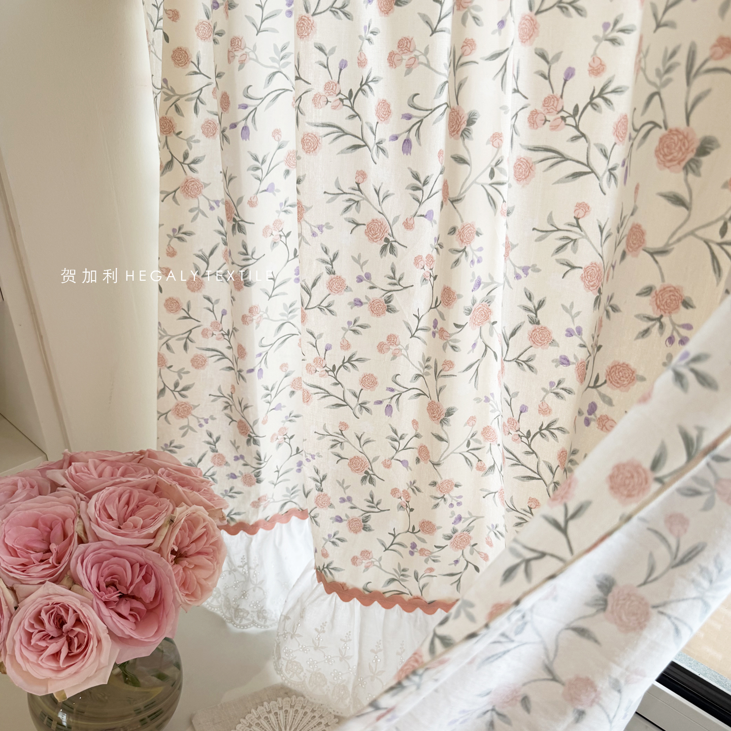 小粉玫瑰印花棉布半帘小窗帘厨房