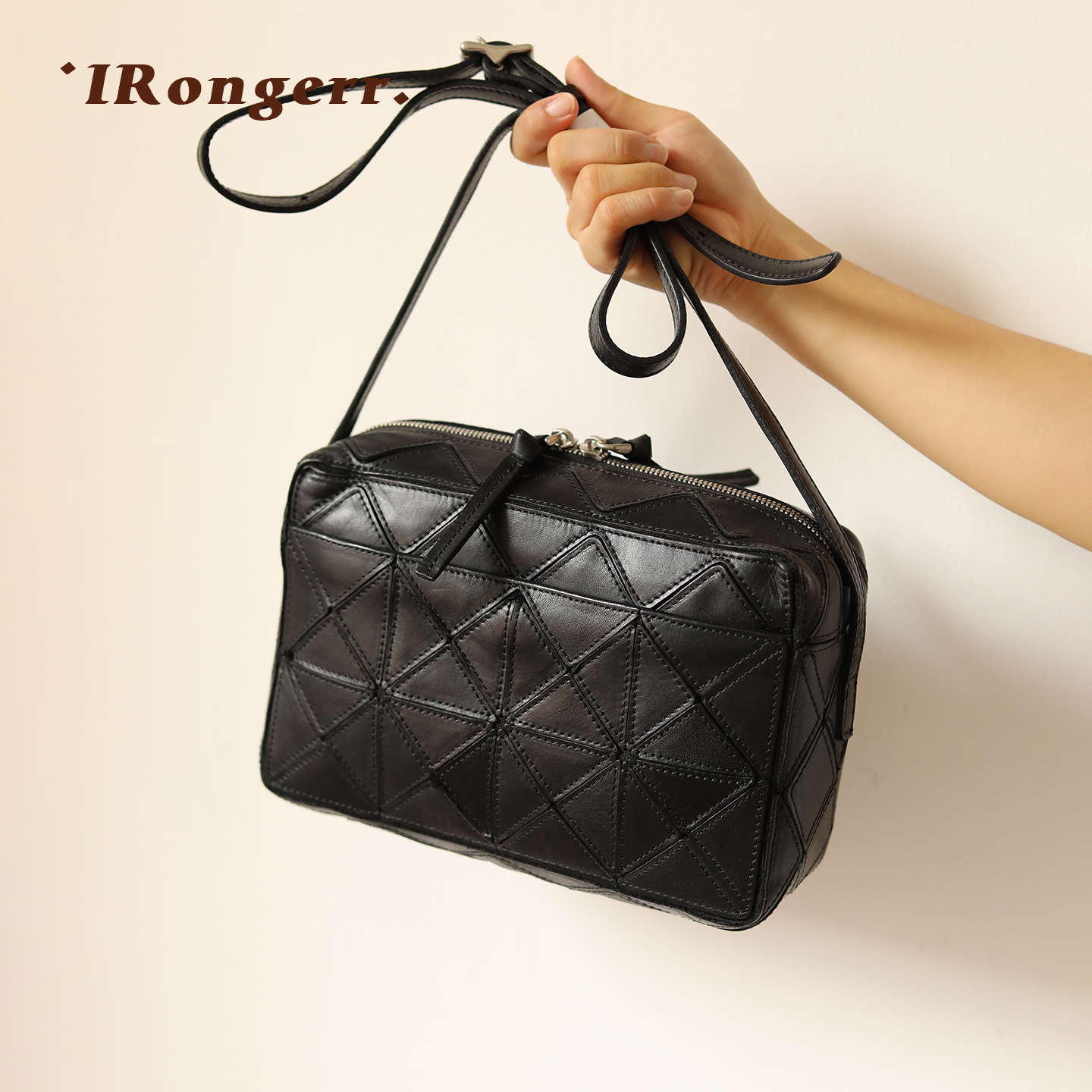 复古菱格拼接方包水洗植鞣牛皮