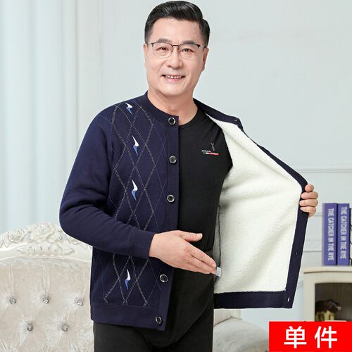 老人对门保暖衣加厚加绒爸爸开衫上衣冬季中老年保温外套前开扣男
