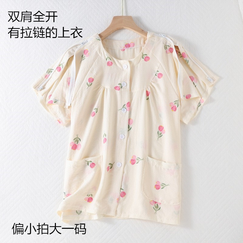 夏季女肩袖术后拉链短袖衬衫