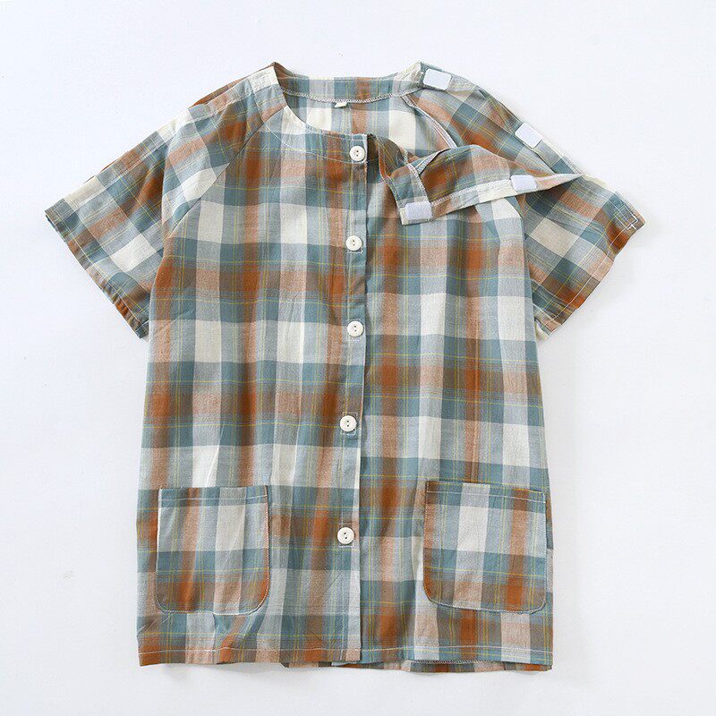 夏季病号服短袖男士透析上衣棉纱 手臂骨折衬衫 输液港衣服魔术贴