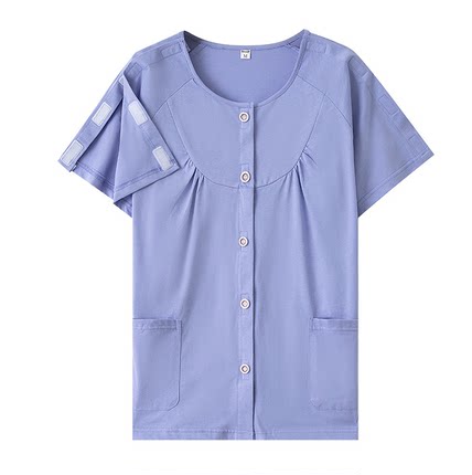 魔术贴病人服女士半袖锁骨骨折专用上衣纯棉 肩部开口化疗服康复