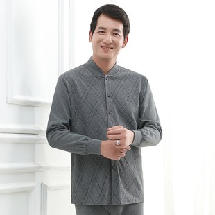 高端男士保暖内衣带扣子纯棉线衣线裤中年爸爸开衫套装对门棉毛衫