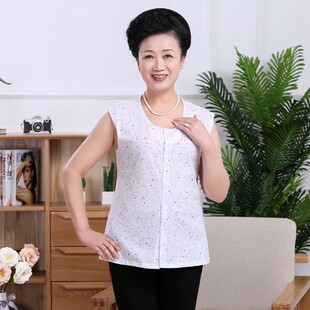 纽扣开衫背心老人打底衫女夏纯棉开口内衣妈妈无袖汗衫带扣子坎肩
