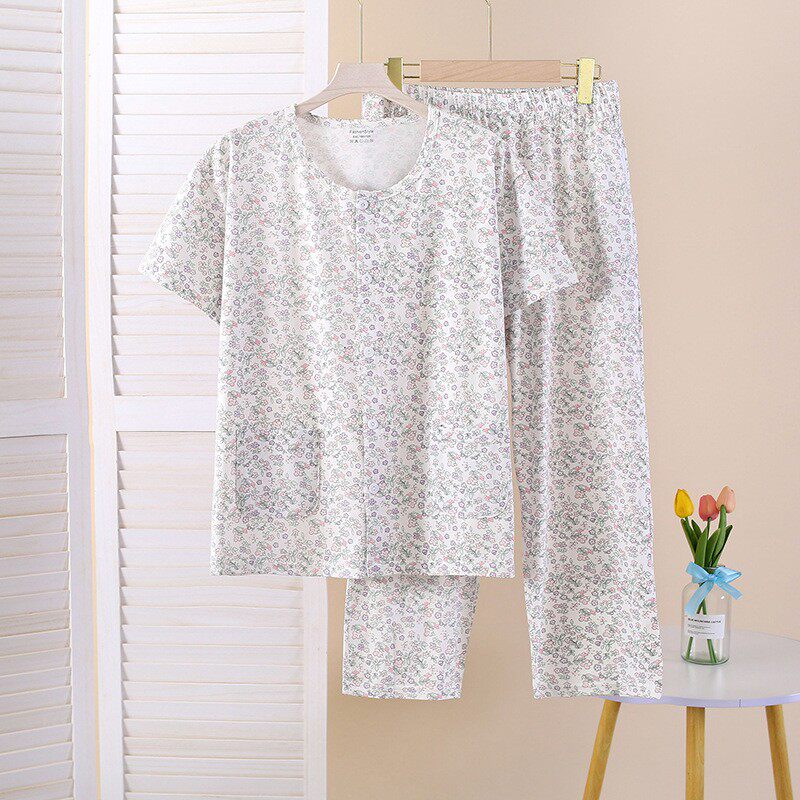 纯棉奶奶短袖长裤开衫家居服套装