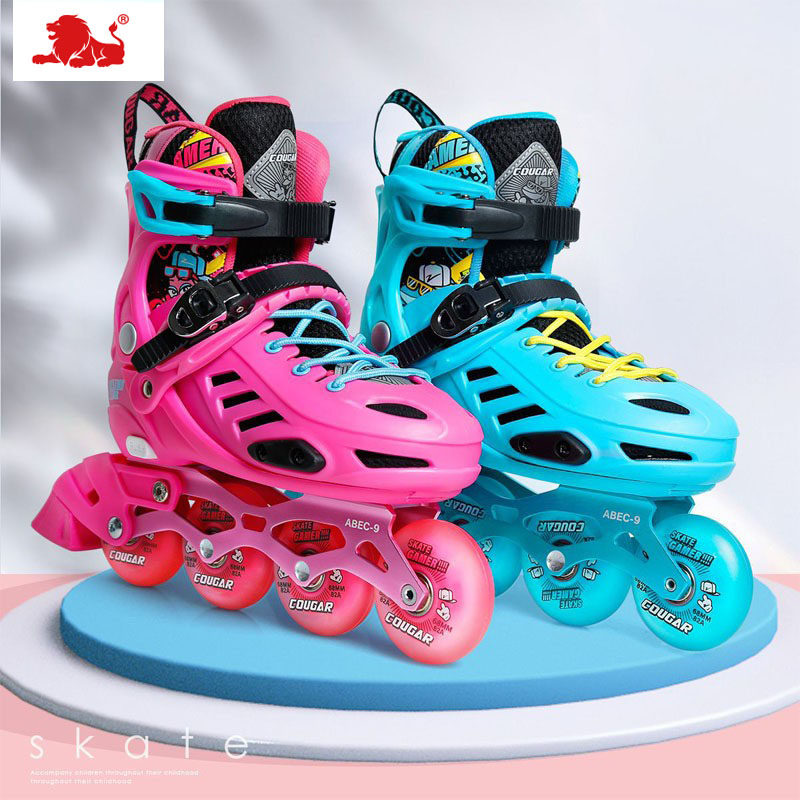 美洲狮儿童全闪平花鞋俱乐部培训鞋溜冰鞋直排轮可调轮滑鞋旱冰鞋
