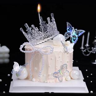 饰塑料水晶皇冠小仙女蝴蝶结女神女孩生日蛋糕 网红透明皇冠蛋糕装