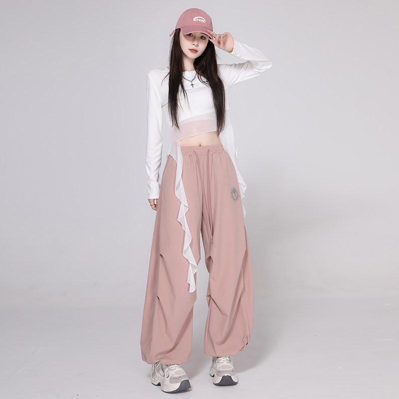爵士舞服装女2025新款春秋长袖T恤上衣蕾丝拼接阔腿裤表演服套装
