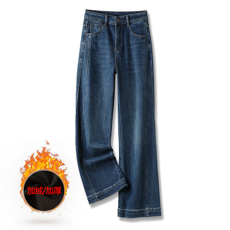 阿月大码加绒阔腿裤女2025秋冬装新款弹力宽松牛仔裤200斤女装潮