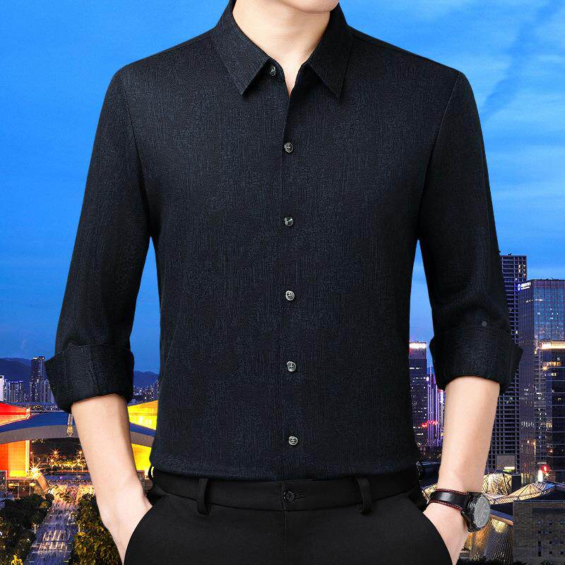 高档羊毛衬衫男式商务休闲中长袖贴衣年24056-KK爸衬爸身保暖上衣