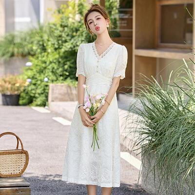 蕾丝连裙女夏季ME5627-0新款收腰领子裙气衣质复温古柔风长裙