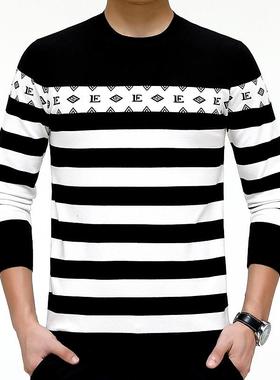 秋新款长袖圆体羊绒恤中领年男士条时尚纹潮流打底针WPJ织恤衫