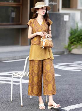 时尚套装夏季新款女式装中国风衬新九分直筒裤两件HM-A26-0衫套裤