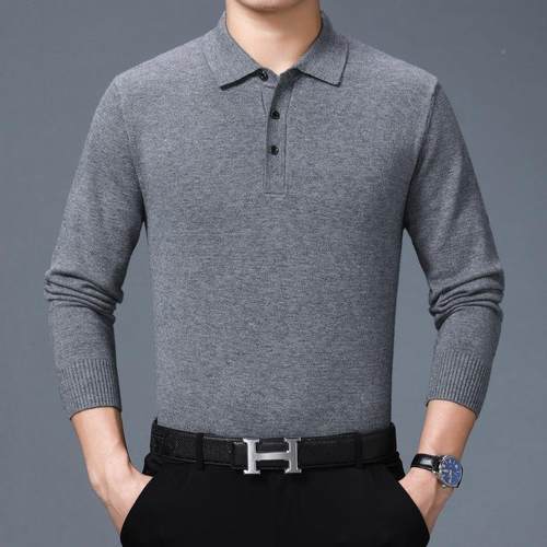 秋季冬新款中套年男RDB士长恤商务头翻领纯色羊绒毛衣针袖织衫