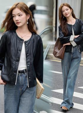 品绵羊皮女新款皮时牌尚休闲圆领女士82979外套档气高质复古机车