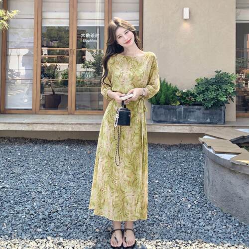 季YF9886-0新款女装圆领印收花连衣裙腰夏显瘦假连衣裙度风长裙