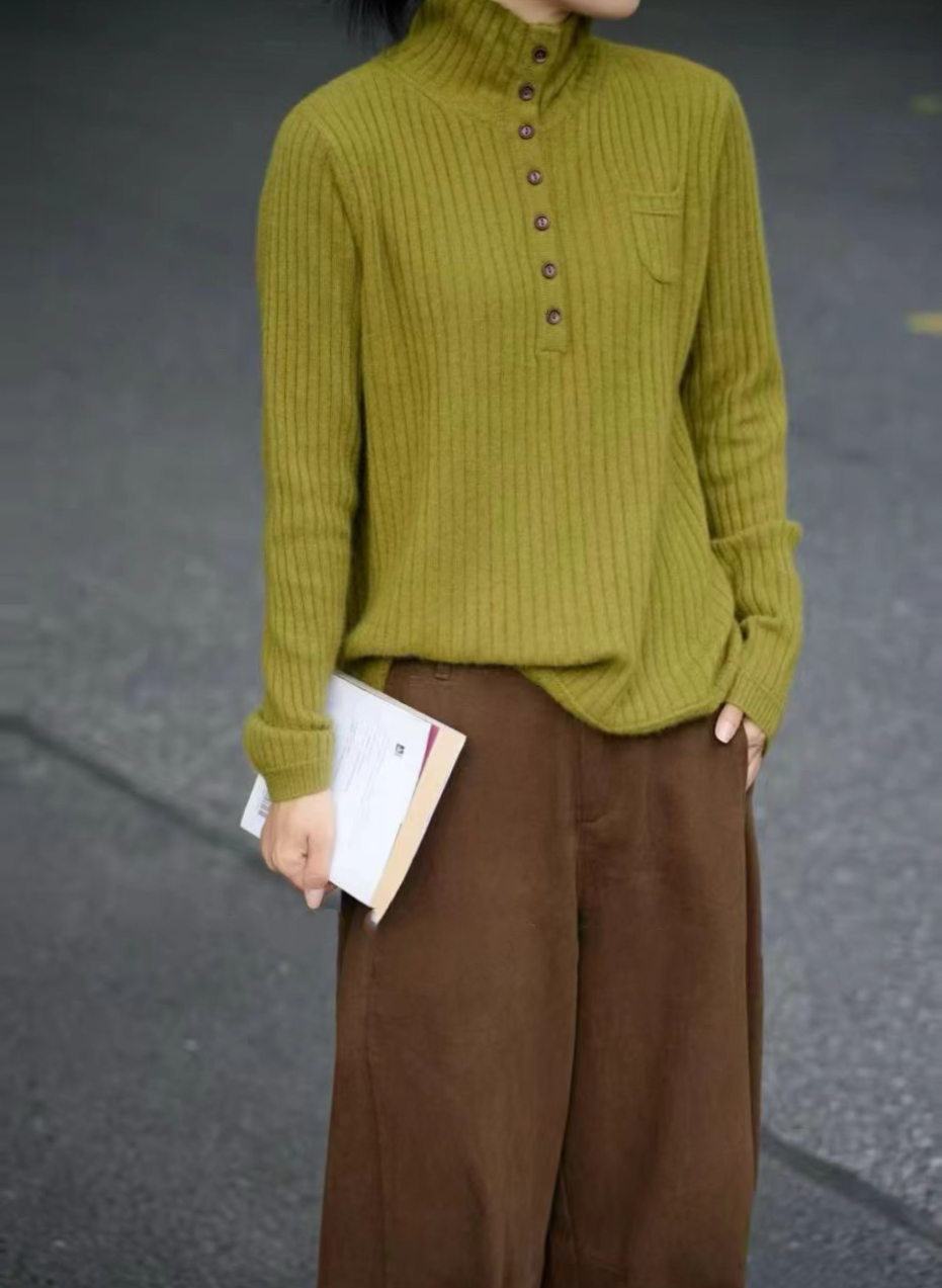 欧洲站2025冬新款半开领加厚毛衣女小口袋休闲立领羊毛羊绒打底