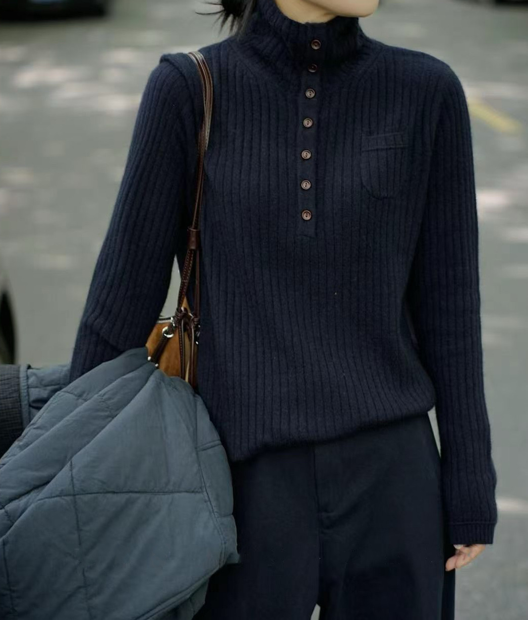 欧洲站2025冬新款翻领口袋羊毛打底衫上衣半领扣羊绒毛衣