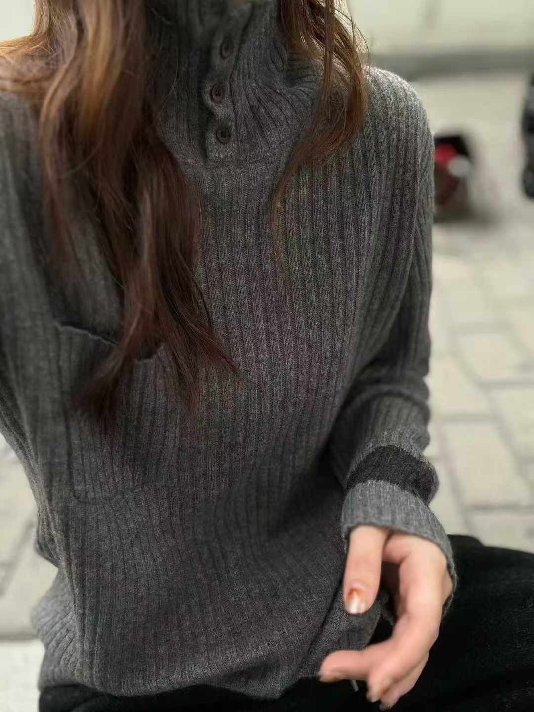 欧洲站2025冬新款半开领羊毛羊绒衫女宽松休闲坑条口袋毛衣打底