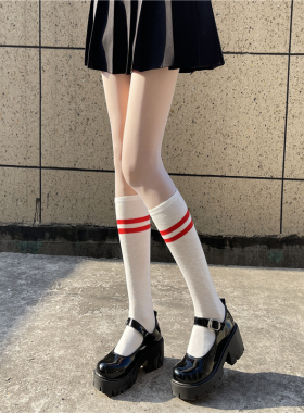 白色小腿袜子女日系JK中筒夏季薄款纯棉学院风二杠运动黑色长筒袜
