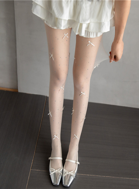 白丝袜甜美芭蕾风蝴蝶结烫钻连裤袜女夏季超薄款闪钻白色打底袜子