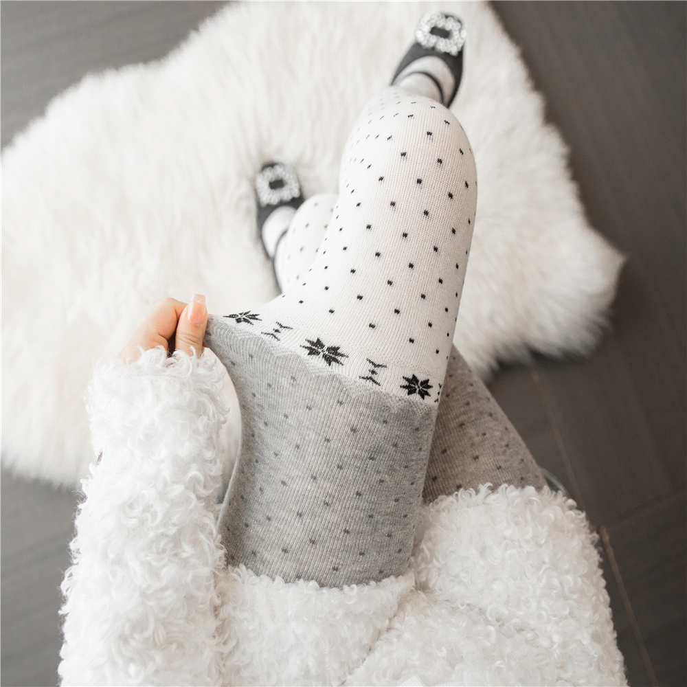 秋冬费尔岛雪花点点白色连裤袜