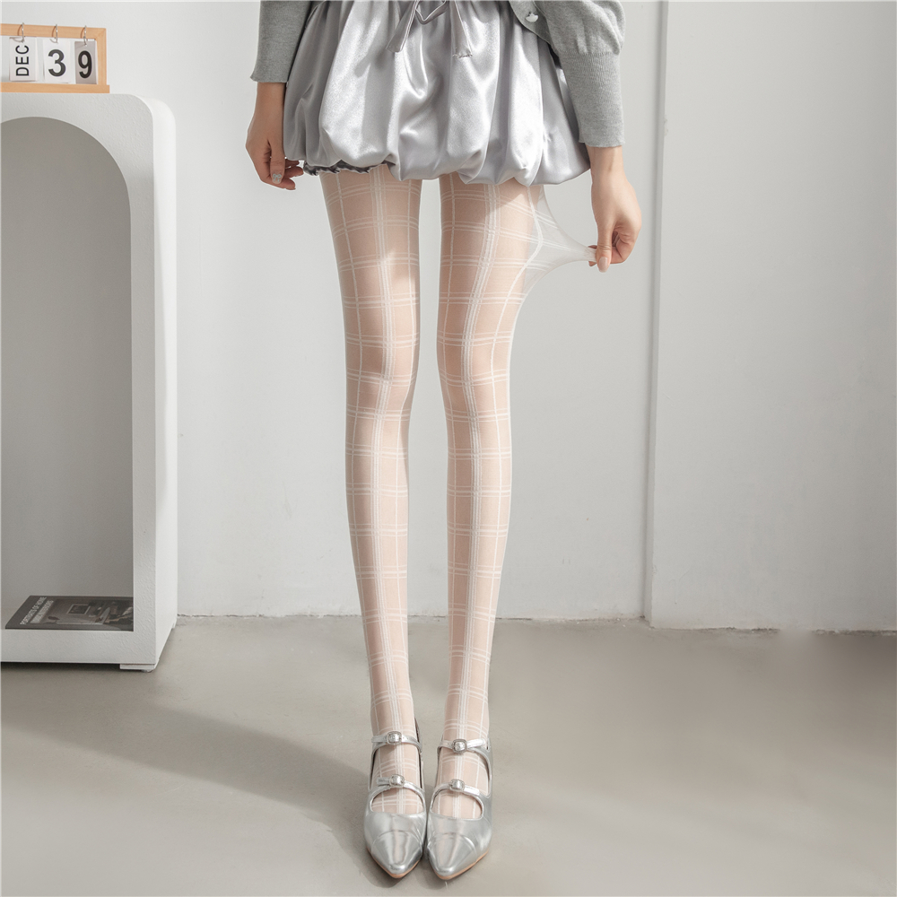 英伦格子提花丝袜薄款白色连裤袜