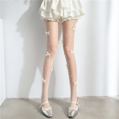白丝袜日系蝴蝶结珍珠白色连裤袜