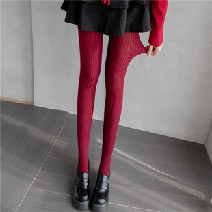 酒红色连裤袜秋冬季羊绒保暖加厚白色打底裤女羊毛竖纹灰色打底袜