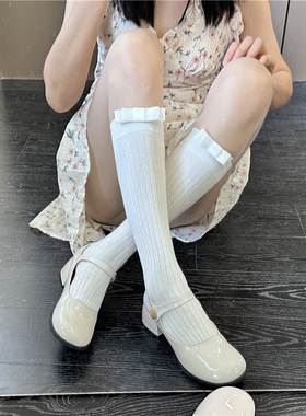 白色小腿袜女春秋日系蝴蝶结中筒袜jk短袜棉芭蕾龙心同款堆堆袜子